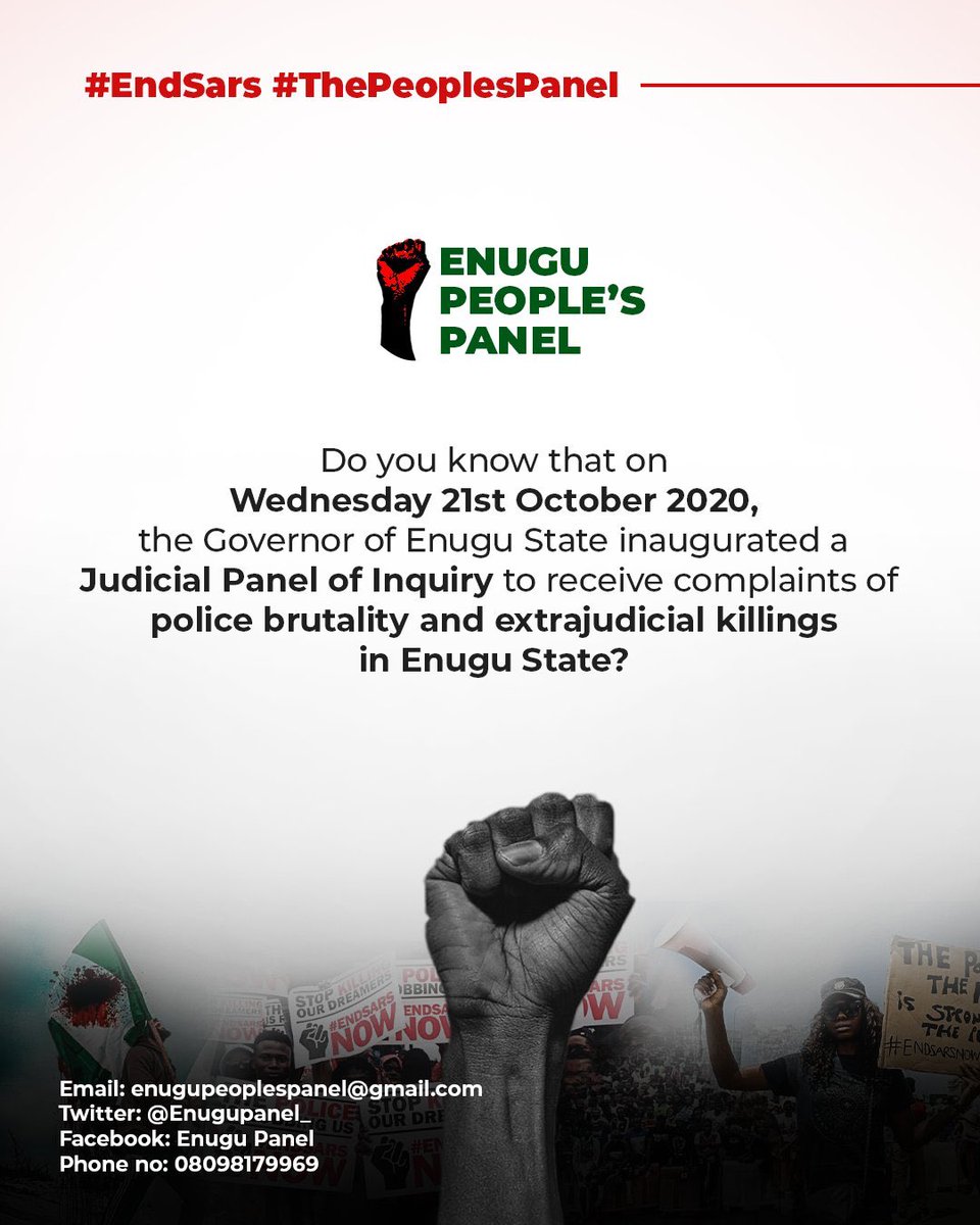 That said, a group of people consisting of Lawyers, Writers, Clinical Psychologist, Social Media experts and concerned young people who believe in the  #EndSars   struggle have created a platform called The People’s Panel  @Enugupanel_