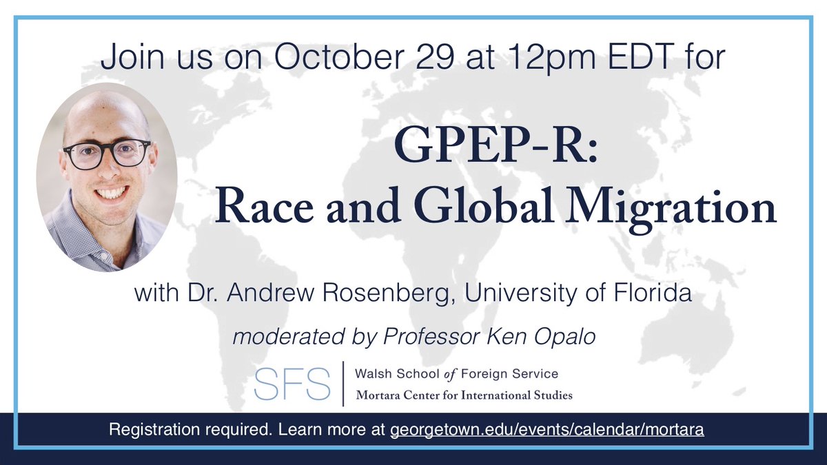Join us on Thursday for the next event of the GPEP-R series! <a href="/drewrosenberg_/">Drew Rosenberg</a>  will present on the intersections of race and migration followed by discussion and Q&amp;A moderated by <a href="/kopalo/">Ken Opalo</a>. RSVP now to reserve your spot! georgetown.zoom.us/webinar/regist…