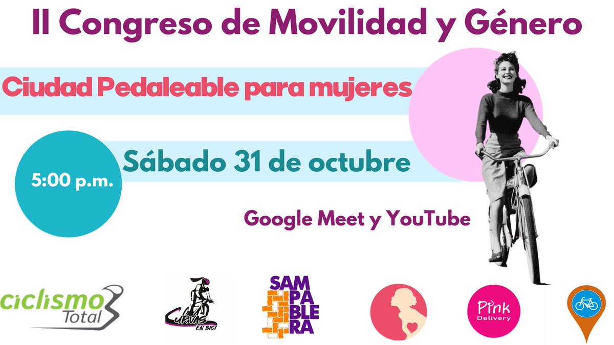 El sábado #31Octubre a las 5:00 pm te invitamos a la primera sesión del #2doCongresoMovilidadyGénero, en el marco del #DíaMundialDeLasCiudades.

Debatiremos sobre el uso de la bicicleta para que las mujeres se movilicen de forma segura y sostenible.

¡No te quedes en el aparato!
