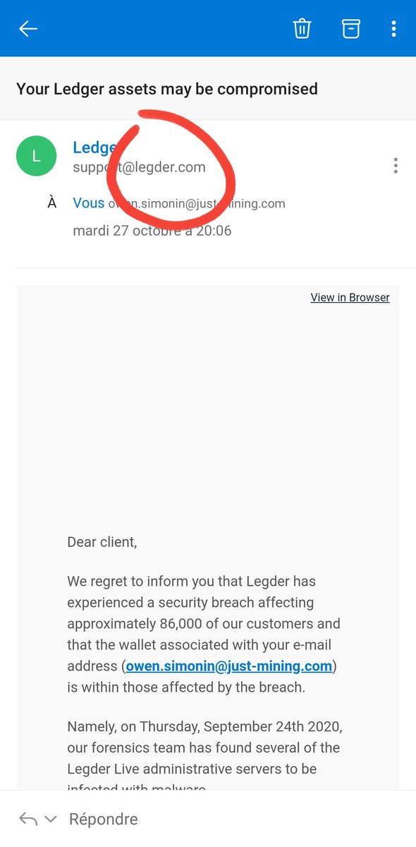 PowerHasheur's tweet photo. Reçu à l'instant.
Soyez prudent et ne tombez pas dans le panneau.

N'hésitez pas à relayer cette information. C'est la mode de se faire passer pour @Ledger en ce moment.

#bitcoin #blockchain #fishing https://t.co/g7PJpfwiY9