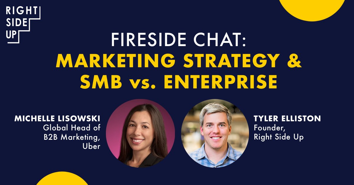 Join us for a fireside chat this Friday w/ Michelle Lisowski, Uber's Global Head of B2B Marketing, and <a href="/tylerelliston/">Tyler Elliston</a>, Founder of Right Side Up. These two marketing leaders will be discussing marketing strategy.

For more info &amp; to reserve your spot: us02web.zoom.us/webinar/regist…