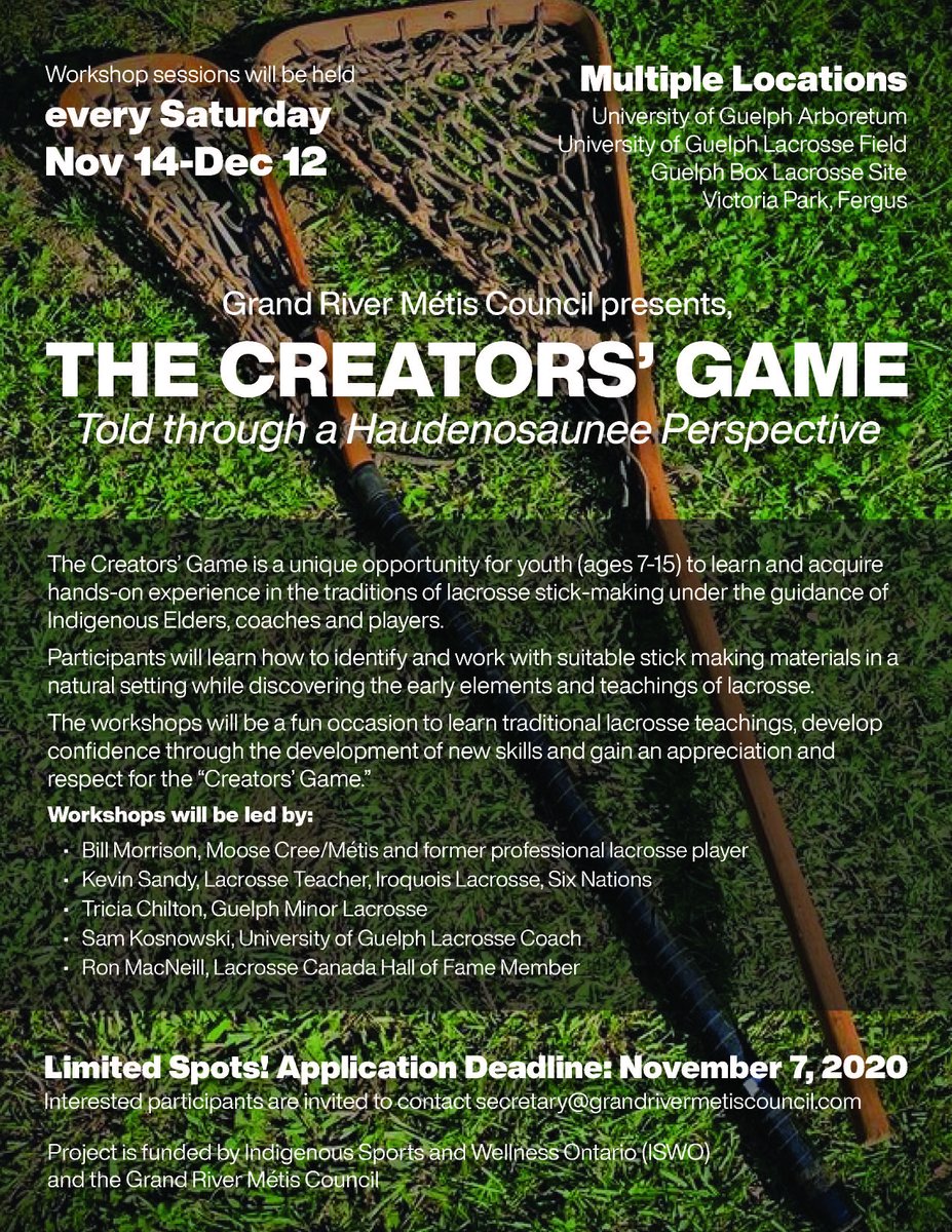 Great opportunity for <a href="/ugdsb/">Upper Grand DSB</a> <a href="/WellingtonCath/">Wellington Catholic DSB</a> students in Guelph, "The Creator's Game" <a href="/GrandRiverMetis/">Grand River Métis</a> is hosting Youth (7-15 yrs) lacrosse workshops.
Spaces are limited. Please register early:   surveymonkey.com/r/HVGNXW9