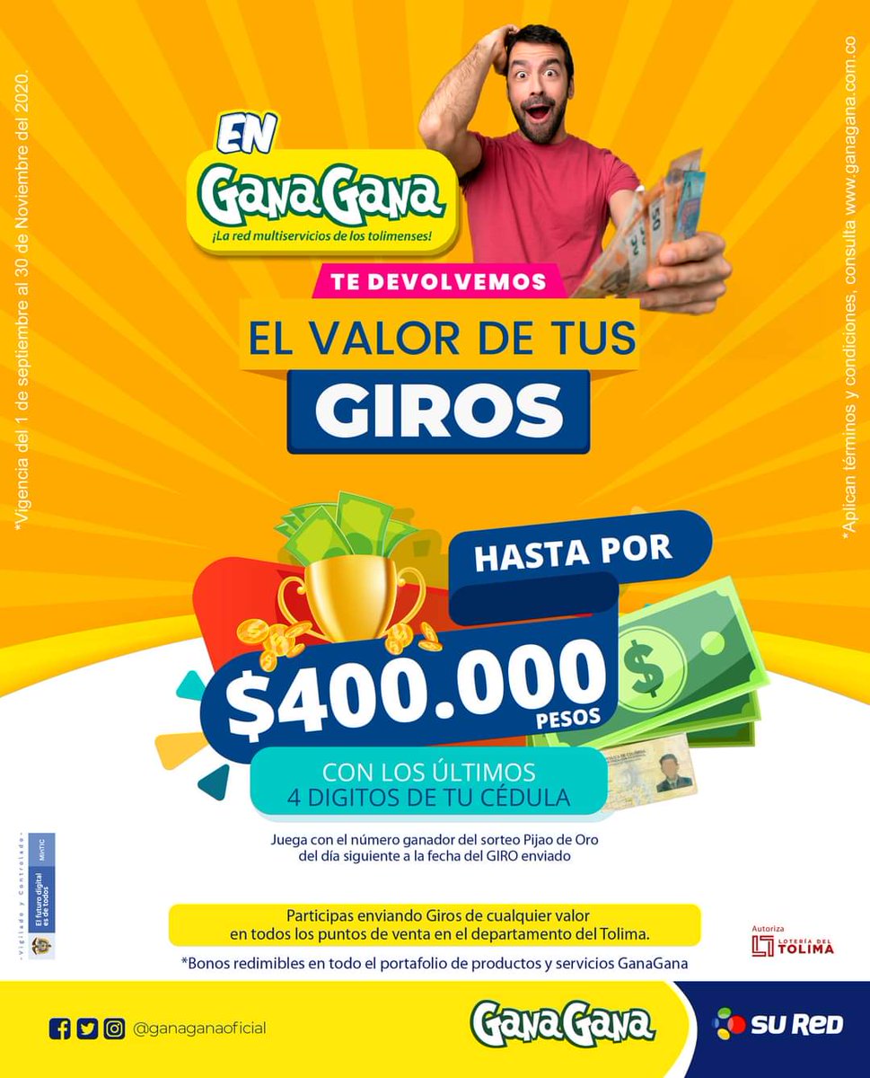 ganaganaoficial's tweet photo. #GIROS | En GanaGana te devolvemos el valor de tus GIROS!!! encuentra tu suerte y cuando realices un Giro podrás jugar con el resultado del sorteo Pijao de Oro del día siguiente a la fecha del giro enviado!!! 😮 participa con los últimos 4 dígitos de tu cédula #GirosSuRed https://t.co/u9wixEJzsd