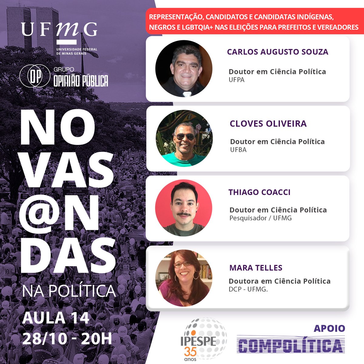 Aula 14 - Sub-representação: candidatos e candidatas indígenas, negros e LGBTQIA+ nas eleições para prefeito e vereadores <a href="/incendiadas/">Larvas Incendiadas</a> <a href="/MaraTellesReal/">Mara Telles</a> <a href="/EricaAnita/">Érica Anita</a> <a href="/IPESPE1/">IPESPE- 38 anos</a> <a href="/CompoliticaBR/">Compolítica</a> 
youtu.be/zQhSwDukpgI