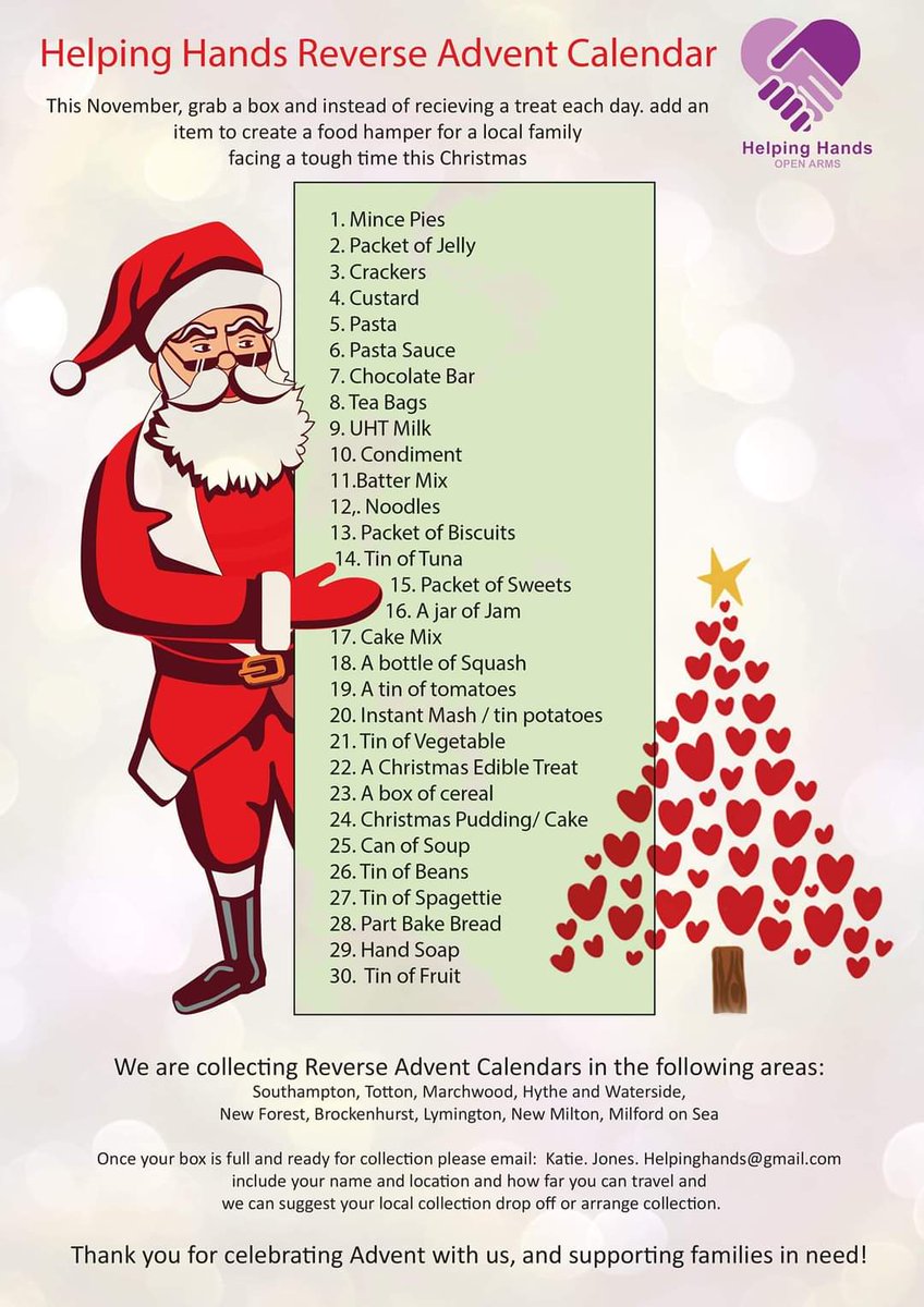 <a href="/HandsArms/">Helping Hands Open Arms New Forest And Surrounding</a>  
#Christmas #reverseadventcalender    #vulnerablefamilies #charity #totton  #lymington #NewForest #waterside  #ENDCHILDFOODPOVERTY