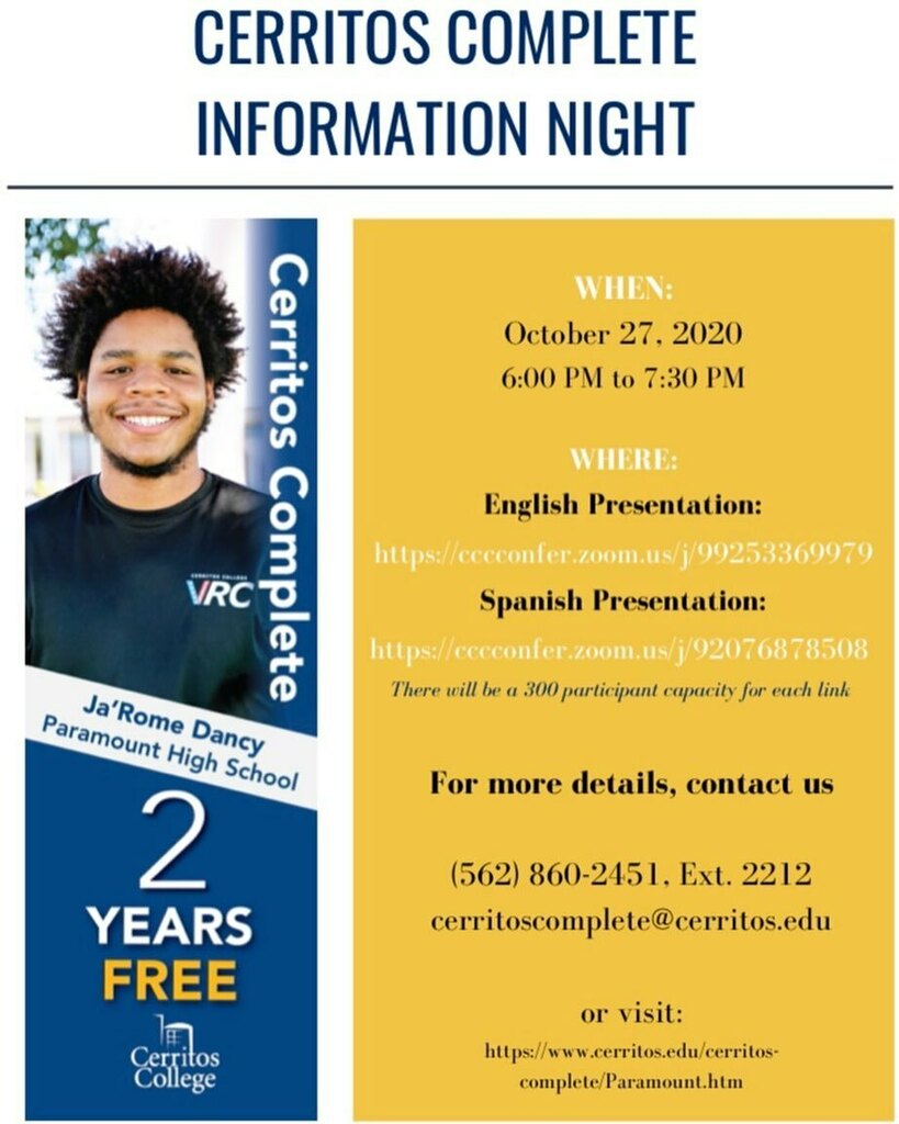 ParamountSenior's tweet photo. Interested in attending Cerritos College! Join the “Cerritos Complete” info night! Tonight @ from 6 to 7:30. 📖 
Spanish presentation available as well! https://t.co/IbZBd1bHVN https://t.co/8CjPsjiPe3