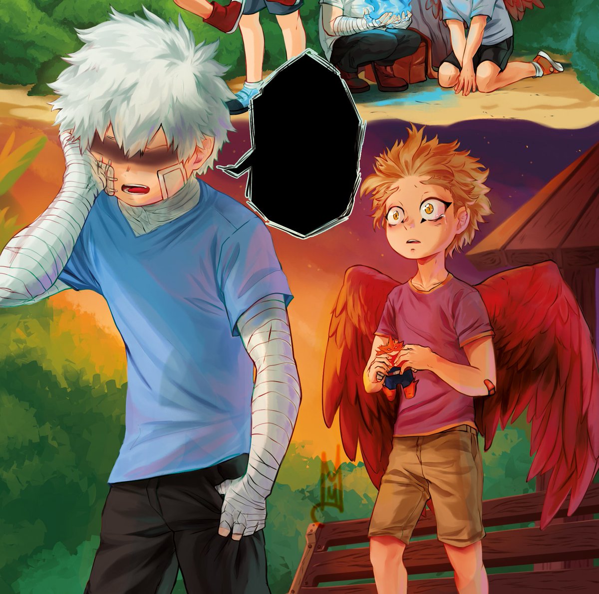 mementomoli_old's tweet photo. We can finally post it! Little boys from the fic-art collab we did with @cashmeresho for the @RedactedWings zine 🧡💙 https://t.co/N6hVtDx9Yk