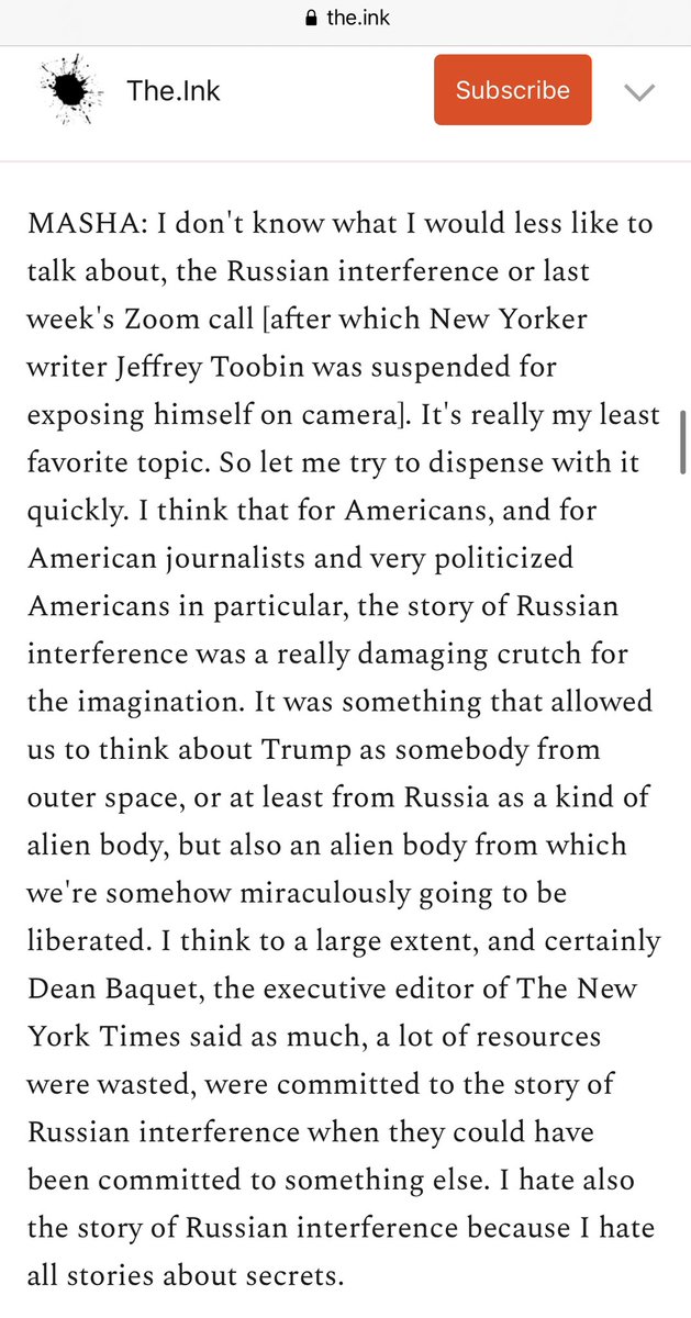 3. Russiagate became a terrible crutch for the liberal imagination.The daily pursuit of the outside-interference thesis wasted time and energy that could have been spent understanding how our systemic failures made Trump possible. https://the.ink/p/how-to-block-an-autocratic-breakthrough