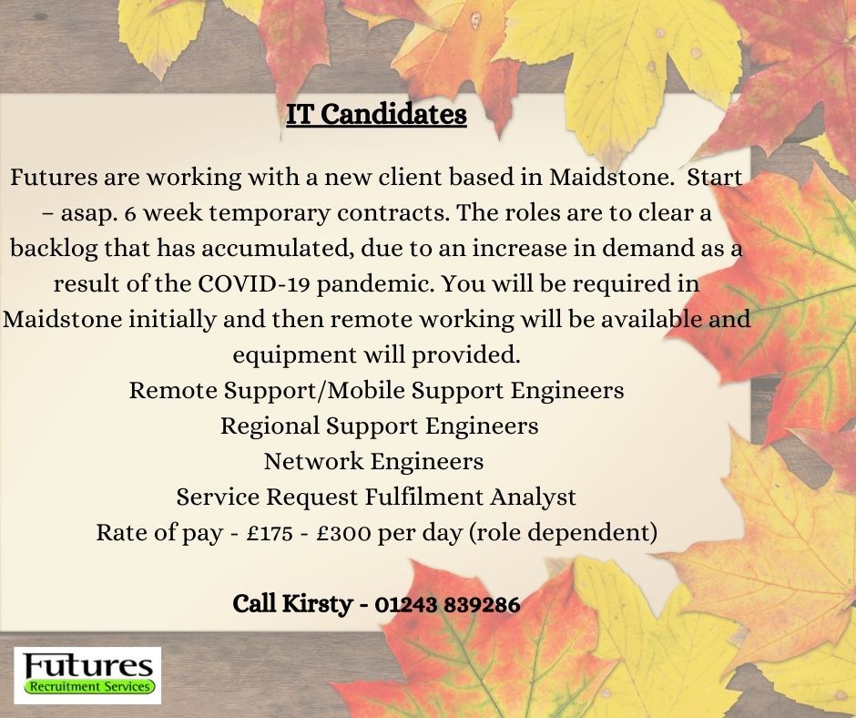 Futuresrs's tweet image. Calling IT candidates, a range of contract roles available.  Call Futures for more information today.  #IT #networkengineers #supportengineers #contractworkers #recruitment #agency #independent #ukrecruitment #nationalagency #temporaryrecruitment #kent #maidstone  #servicedesk