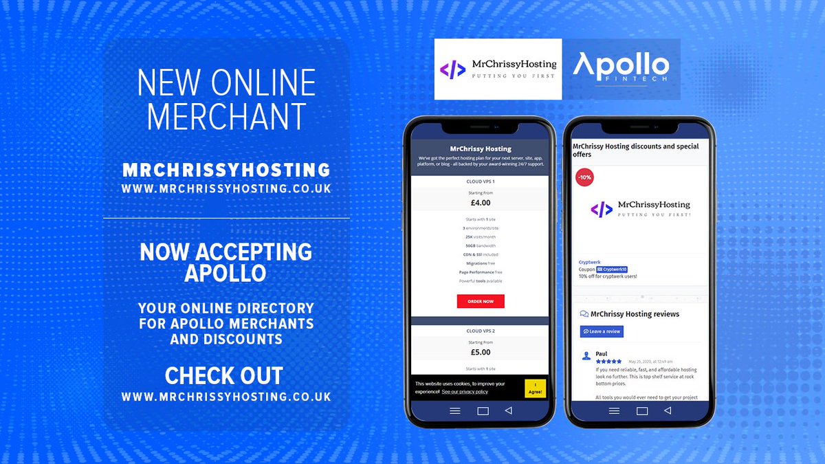 ApolloCurrency's tweet image. Check out our latest merchant! MrChrissy Hosting is now accepting APL as payment.

mrchrissyhosting.co.uk

MrChrissy Hosting - “Fast and friendly hosting with quality support to match”

APL merchant directory:
cryptwerk.com/pay-with/apl/

#APL #Merchants