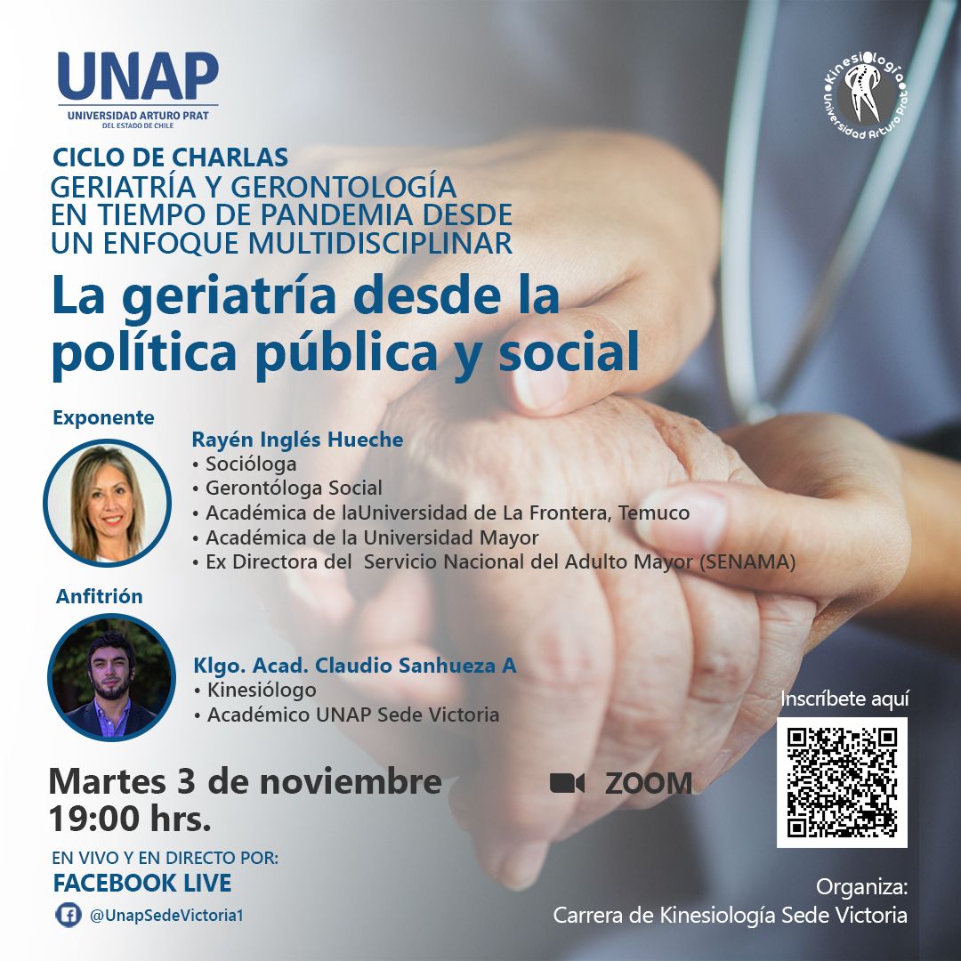 Unap_Victoria's tweet photo. Participa en la charla sobre "Geriatría y Gerontología en tiempos de Pandemia desde un Enfoque Multidisciplinar “.
Primera charla: La geriatría desde la política pública y social, martes 3 de noviembre a las 19:00 hrs.
⬇️⬇️
Inscripción aquí https://t.co/YFYGVEZLeP https://t.co/URMiTyx9FX