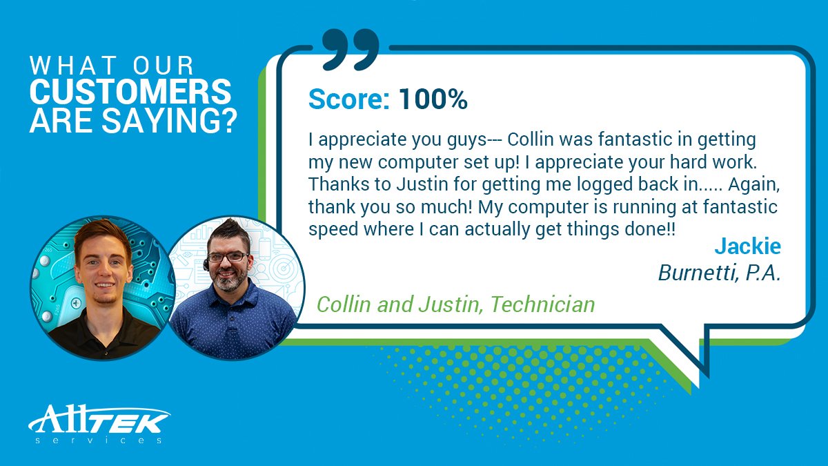 #TestimonialTuesday! Are you happy with your IT support team? Our customers can tell you first hand that our team is the best! 

Contact us today at (863) 709-0709 or visit us at alltekservices.com.

#MSP #itsupport #itservices