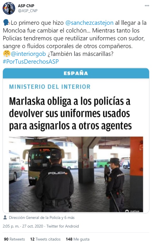 Eeh... bueno... esto os va a flipar... pero, aunque la ropa se reutilice, como en muchísimos curros o en la vida cotidiana, LO NORMAL ES LAVARLA. Supongo que a un sindicato de policía no se le puede pedir conocimientos tan técnicos, en fin 😔