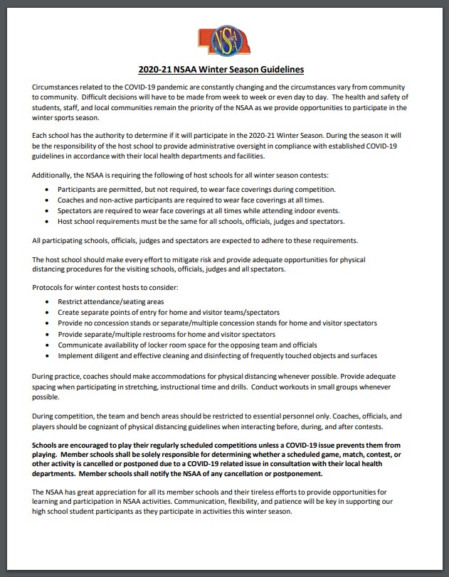 nsaahome's tweet photo. The 2020-21 NSAA Winter Season Guidelines are available on the NSAA website at https://t.co/7Lagb06Cn0.
Please read the entire document for activity specific modifications. #nebpreps https://t.co/NSUlKmYiNs