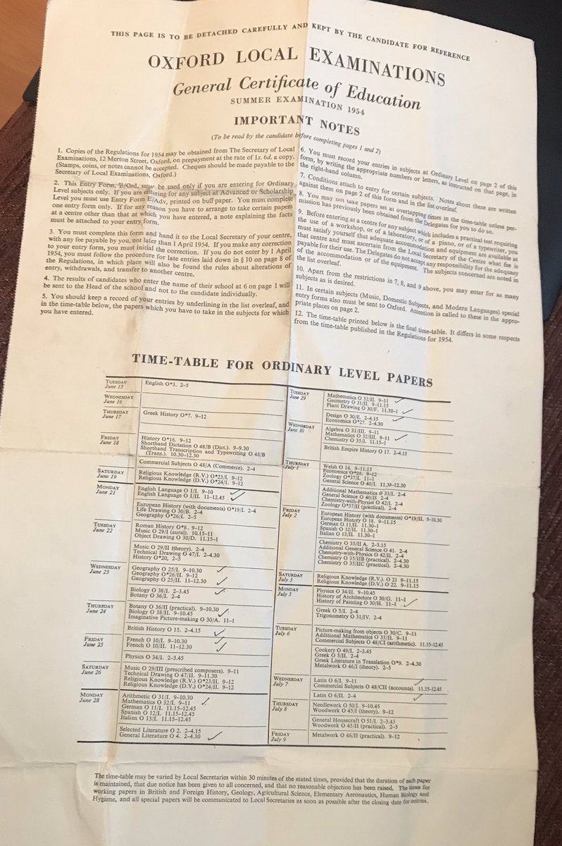 And finally, a run down of all exams available via Oxford in 1954 and my grandmother’s exam timetable.What a privilege to have this glimpse into the past. Really interesting from a curriculum perspective.15/15
