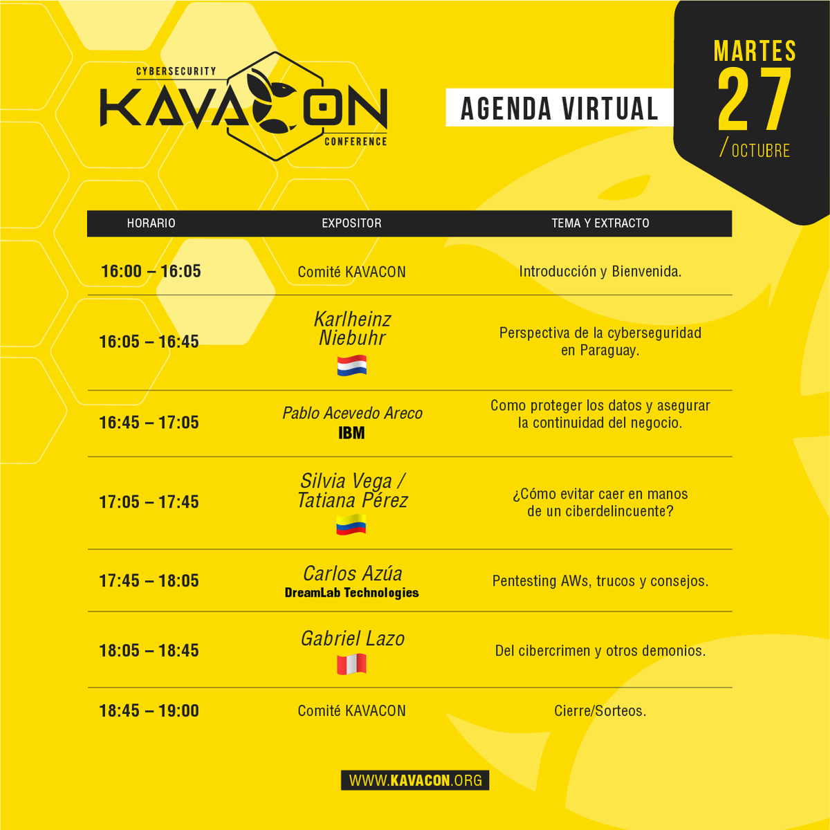 KavaConPy's tweet photo. Cuenta regresiva para arrancar el tercer día de KavaCon 2020. Aún tenés tiempo de inscribirte ingresando al siguiente link https://t.co/bdeSO0iO41 No te pierdas los fabulosos premios al final de la jornada. Te esperamos!🎉
#cibersecurity #Kavacon #kavacon2020 #congreso https://t.co/JHs7jYiH2f