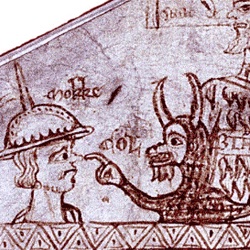Then other signs being appearing on Jews' faces: the long noses and scowling expressions once seen on the devil. As with the devil, these signs marked (alleged) moral turpitude, not ethnic identity. Here a (courtly blond) Jew's nose mirrors that of the demon who tweaks it.