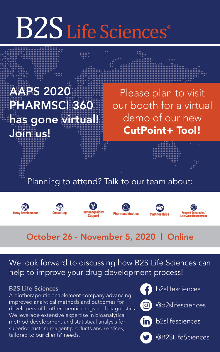 B2SLifeSciences's tweet photo. Attending this year's @AAPSComms #PharmSci360 virtual conference? Stop by our booth - VB522 - and see what's new at B2S. We look forward to talking with you about how we can assist with all of your drug development needs! https://t.co/MKq3x2mHrf