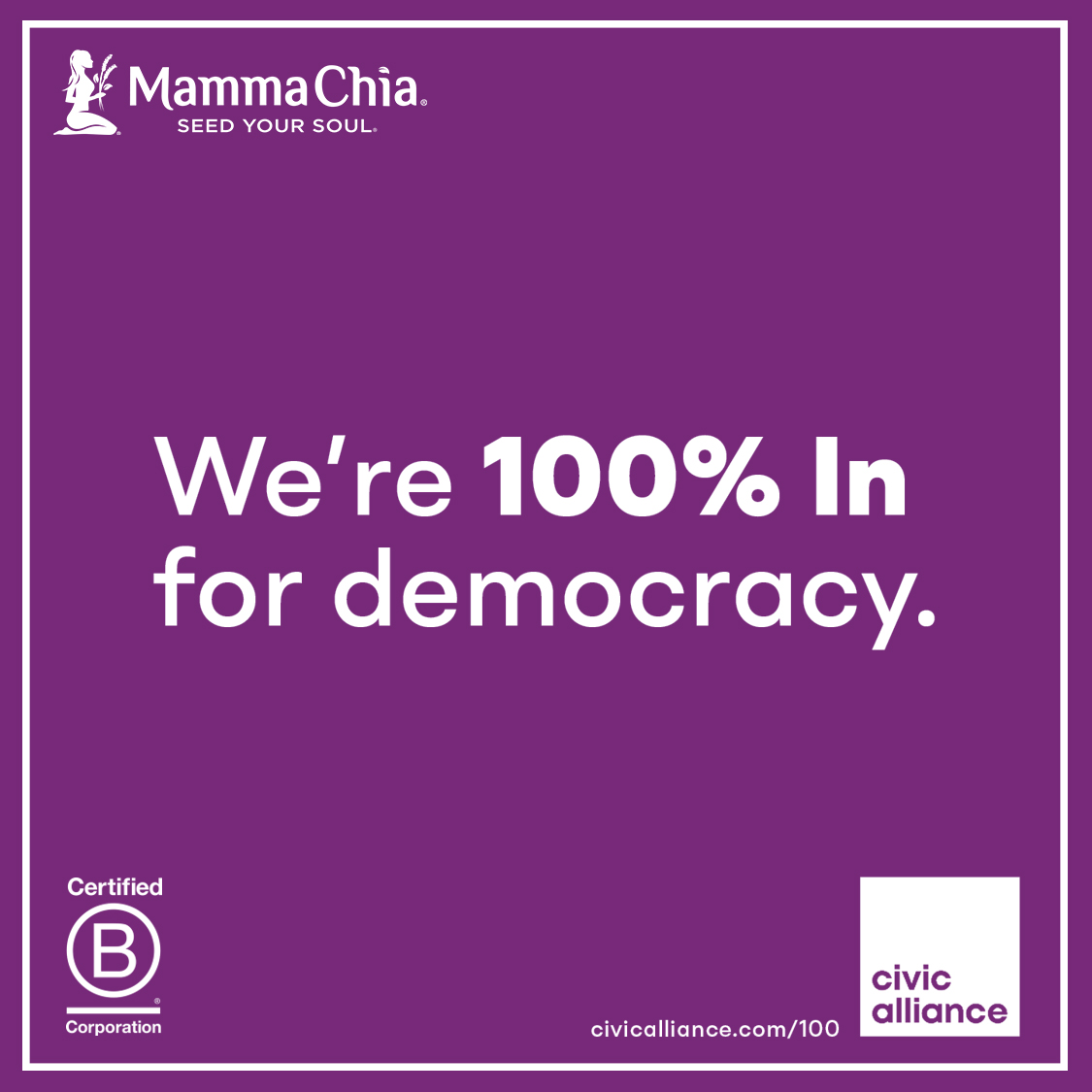 MammaChia's tweet photo. As a @BCorporation we use our business for good - that includes being 100% In #fordemocracy. And that’s why we’re proud to join @CivicAlliance and hundreds of other business leaders to meet this moment. https://t.co/RzpRLK9vZx  #SeedTheVote https://t.co/8zvEtzfE6r