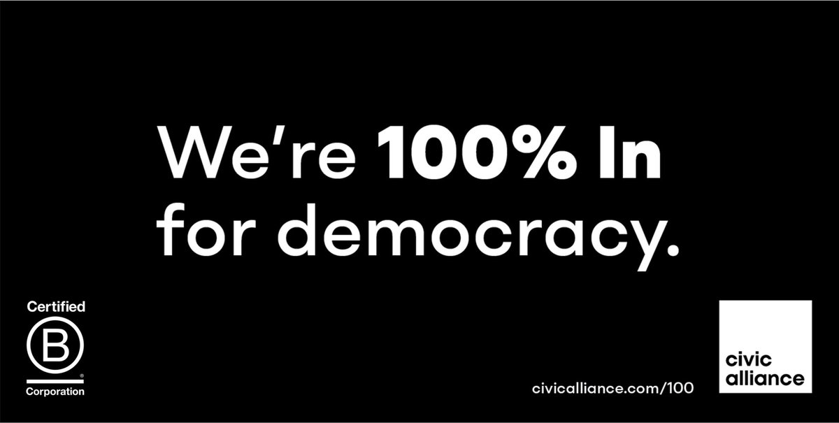 As a <a href="/BCorporation/">B Lab</a> we use our business for good - that includes being 100% In #fordemocracy. And that’s why we’re proud to join <a href="/CivicAlliance/">Civic Alliance</a> and hundreds of other business leaders to meet this moment. CivicAlliance.com/100
