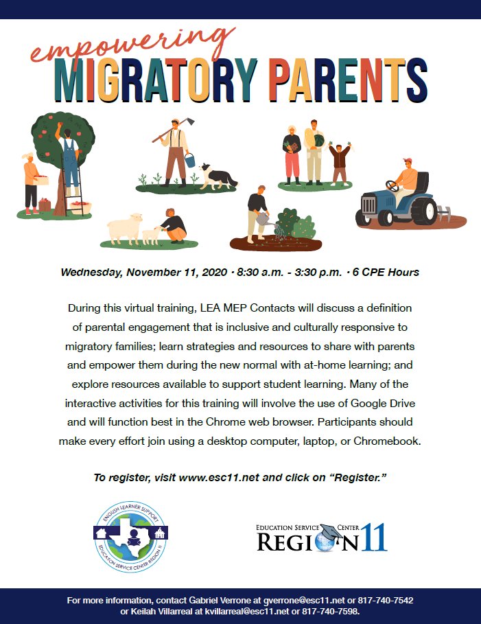 Join me and the MEP team for our session on Empowering Migratory Parents on 11/11/20!  <a href="/ESC11Bil_ESL/">ESC11 English Learner Support</a> <a href="/ESCRegion11/">ESC Region 11</a>