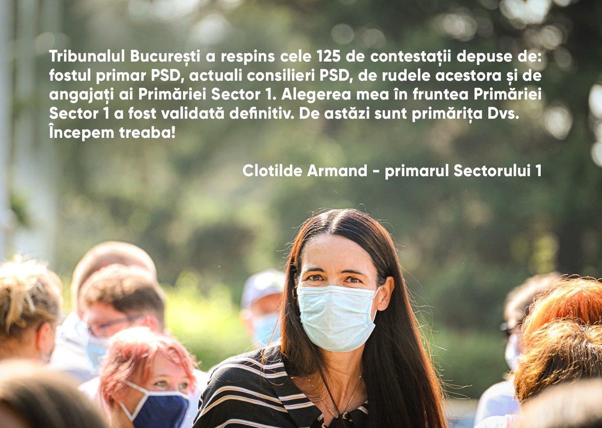 clotilde_armand's tweet photo. Tribunalul a respins toate cele 125 de contestații depuse de: fostul primar PSD, actuali consilieri PSD, de rudele acestora și de angajați ai Primăriei Sector 1. Astfel, alegerea mea în fruntea Primăriei Sector 1 a fost validată definitiv. Începem treaba! https://t.co/amilo8d07E