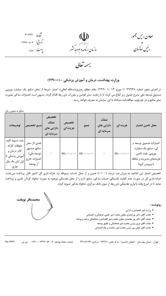MB_Nobakht's tweet photo. در ادامه پرداخت ۶ هزار میلیارد تومان برای تامین بودجه معوقات #کارانه #کادر_درمان –تا پایان سال ٩٨-، عصر امروز پنج هزار و ۵٠٠ میلیارد تومان دیگر از محل منابع صندوق توسعه ملی برای این منظور تخصیص داده شد؛ خوشبختانه به این ترتیب تمامی معوقات کارانه‌ها تسویه شد https://t.co/AGeCZLiA3B