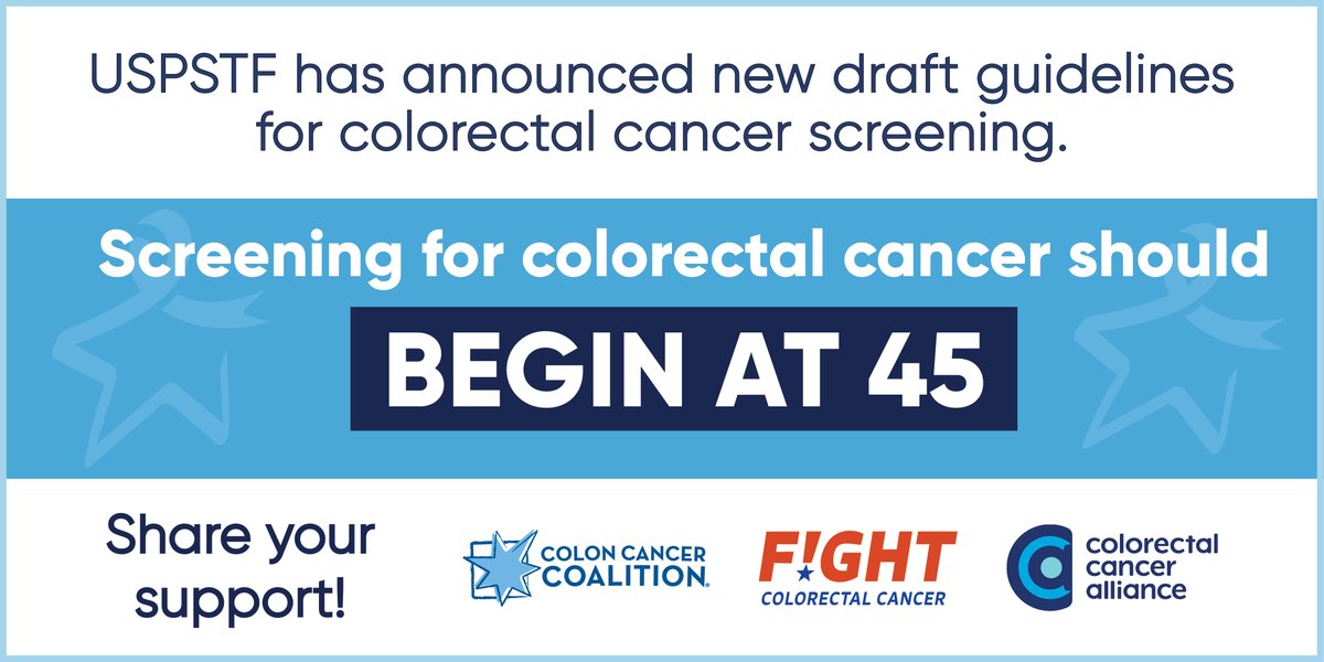 CCAlliance's tweet photo. Together w/ @FightCRC and @GYRIG we celebrate United States Preventive Services Task Force's plans to lower the recommended #screening age for #colorectalcancer to 45 for average risk individuals!
Share this news &amp; your message to the USPSTF at https://t.co/ZoZfnXK6cL #ScreenAt45 https://t.co/kgTjuIHJB0