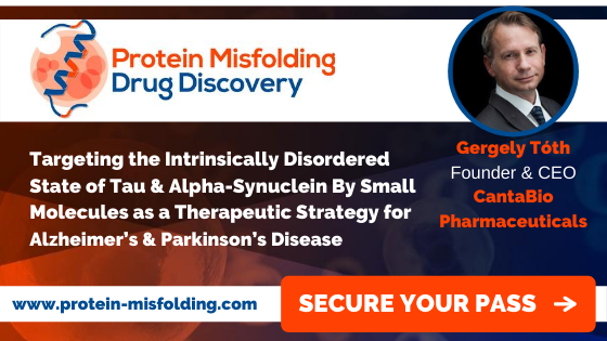<a href="/cantabio/">Cantabio Pharmaceuticals</a>'s CEO, Dr. Toth, is presenting novel findings on targeting the intrinsically disordered state of proteins as a therapeutic strategy against diseases such as #Alzheimers &amp; #Parkinsons, at The Protein Misfolding Drug Discovery Summit on October 29, 2020.