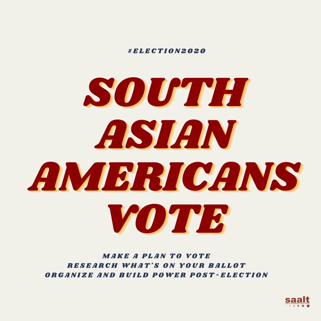 We are exactly 1 week away from the  #Election2020   and South Asian Americans around the country are organizing to  #GetOutTheVote, with nearly 2.5 million eligible South Asian voters!Today, we're highlighting tools to help make your voting plan, many of which are from the NCSO.