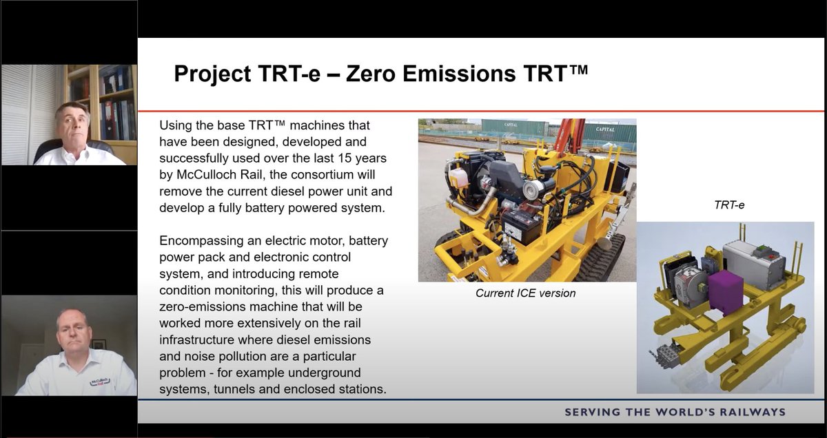 UnipartRail's tweet photo. In @railindustry Unlocking Innovation webinar, Unipart Rail &amp; @MccullochRail gave an update on the development of the zero-emissions TRT-e. Don't worry if you missed us, we'll be sharing the full webinar soon! 💡 #zerocarbonrail #pioneers #unlockinginnovation https://t.co/54MOVnoVDj