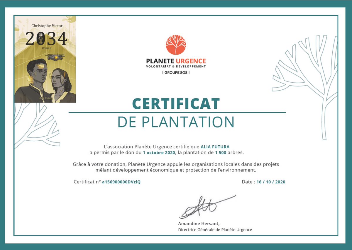 Déjà 1500 arbres plantés par <a href="/PlaneteUrgence/">Planète Urgence</a> au Cameroun et à Madagascar grâce à "2034".

Poursuivez l'élan de solidarité en achetant le livre si ce n'est déjà fait. 
amazon.fr/2034-Christoph…
ou 2034.website