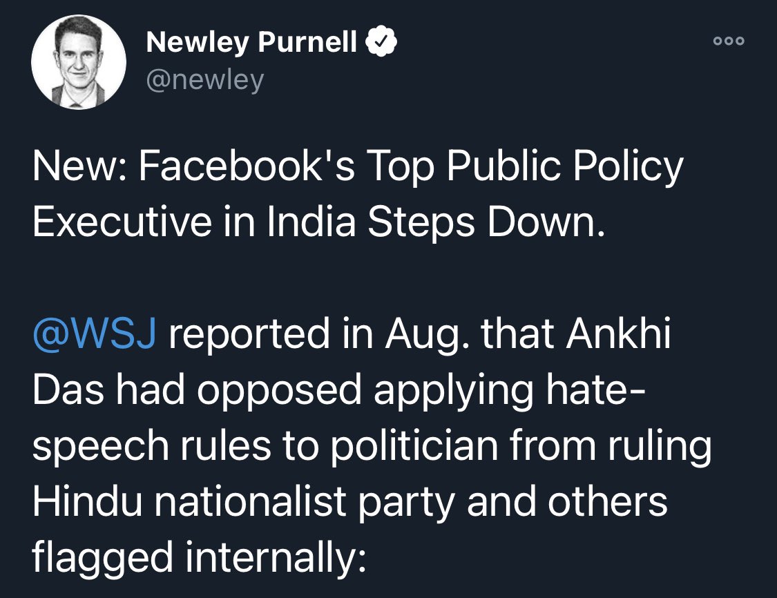 It took journalists from  @WSJ,  @TIME and  @ReutersIndia to bell the  #AnkhiDas cat. The entire Indian media universe willingly ignored  @Facebook’s insidious role in distorting Indian society and democracy—or was happily cutting “partnership” deals and eating the crumbs thrown at it