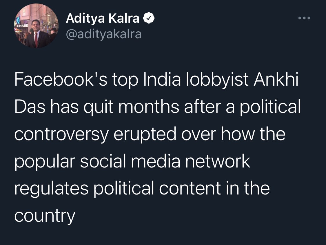It took journalists from  @WSJ,  @TIME and  @ReutersIndia to bell the  #AnkhiDas cat. The entire Indian media universe willingly ignored  @Facebook’s insidious role in distorting Indian society and democracy—or was happily cutting “partnership” deals and eating the crumbs thrown at it