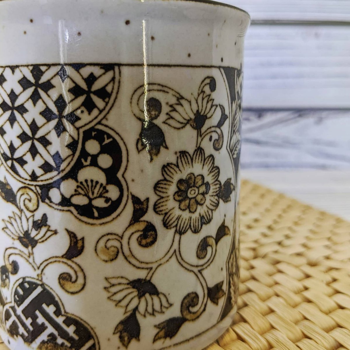 Lovely little Japanese stoneware mug with ornate floral design. 8 oz capacity, 3.5'. Available now! $14 #vintage #shopvintage #vintageetsy #coffeemug #vintagecoffeemugs #vintageceramics #japan #madeinjapan #japanesestoneware #coffeetime