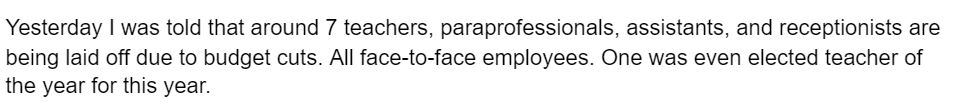 At an elementary school in OCPS district, reports that layoffs are happening despite there already being staff shortages. #OCPSLeaks