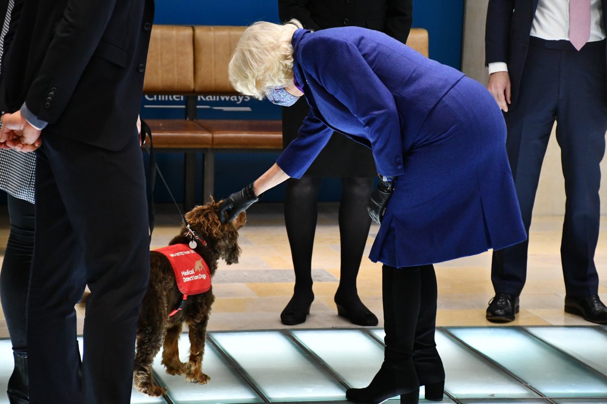 While at the station, HRH was joined by @DHSCgovuk to see how @MedDetectDogs have progressed in their training. The charity are working hard to ascertain whether dogs can detect the odour of Covid-19. If successful, dogs could help diagnose the disease through screening people.