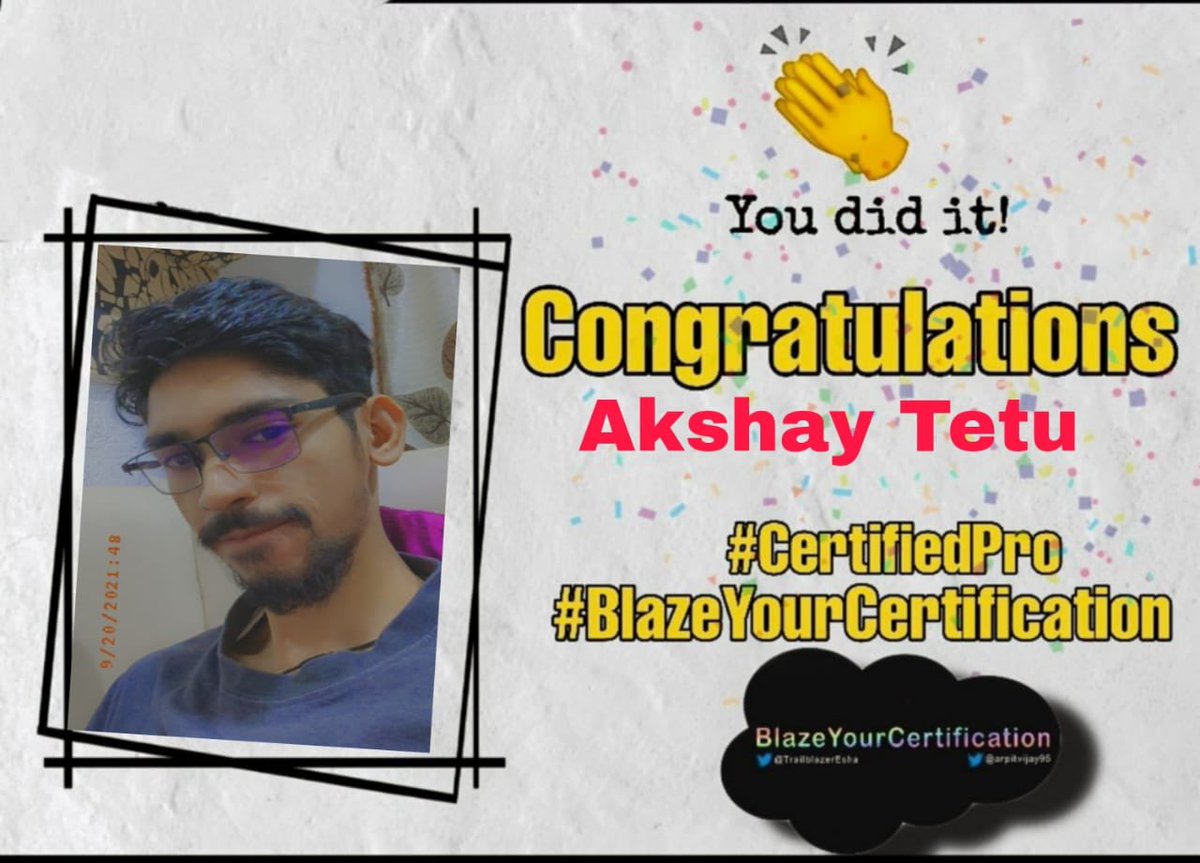 TetuAkshay's tweet photo. Thanks for the sweet gesture team #byc
Special thnx to @TrailblazerEsha @arpitvijay95 for helping me to get first certification🥳
#blazeyourcertification #byc6 #CertifiedPro #trailhead
#awesomeadmins https://t.co/KXfldxtAlg