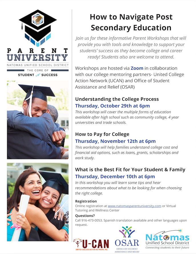 NatomasUSD's tweet photo. Calling all NUSD high school students and families - SAVE THE DATE - for three upcoming college workshops. 🎓  Register at https://t.co/KYSftGVfdy https://t.co/ms7hTja5z6