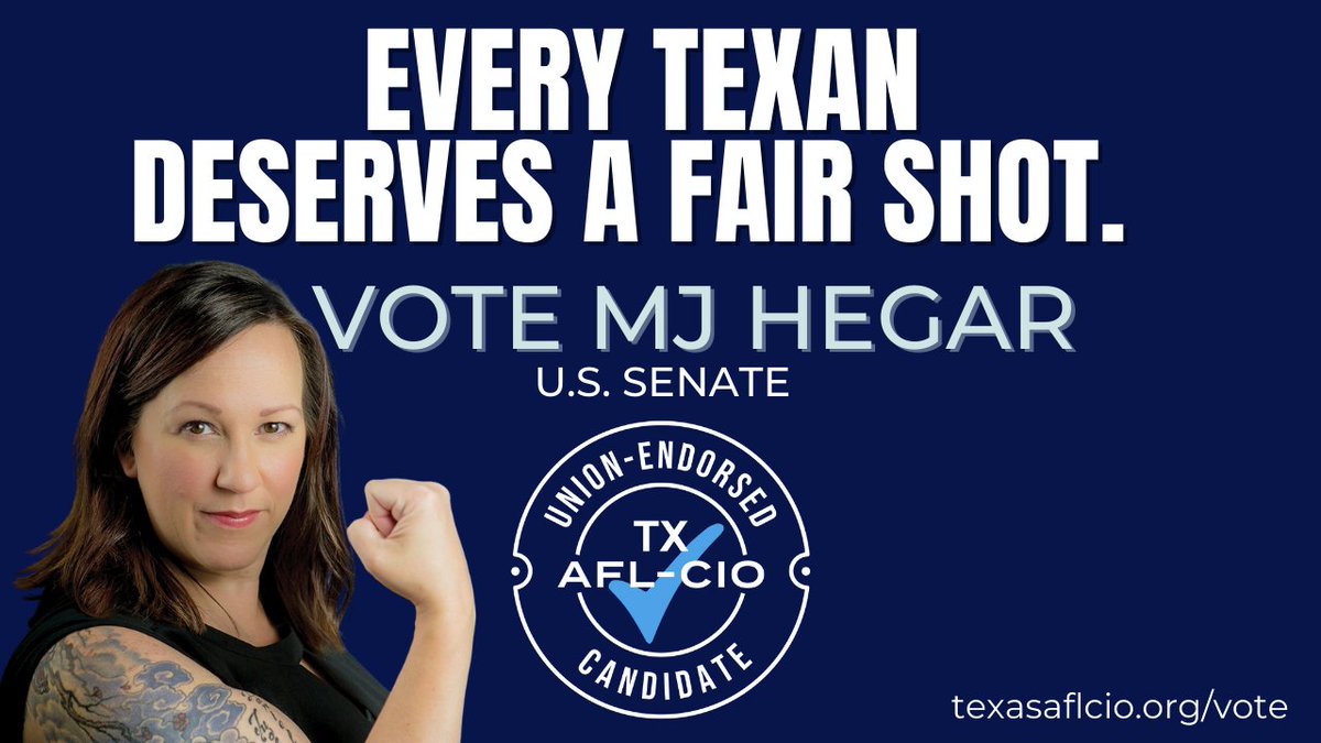 TexasAFLCIO's tweet photo. This election is one of the most important elections of our lives. @mjhegar will fight to give every working family a fair shot to get ahead. Make your voice heard. Go Vote!
More info: https://t.co/KdL9WYCoNQ

 #1u #Election2020 #TXLabor2020 https://t.co/ig2z75dfmN