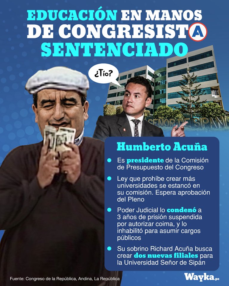 WaykaPeru's tweet photo. 🚨CUIDADO. El tío sentenciado de @RichardAcunaN tiene a su cargo la Comisión de Presupuesto del @congresoperu que estancó la ley que prohíbe crear más universidades. https://t.co/ZUamkqP0Ea