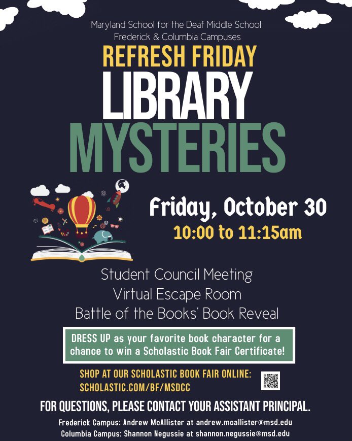 #TeamMiddleSchool is hosting an exciting Refresh Friday event for all MSD middle school students this Friday from 10am to 11:15am. Students are encouraged to dress up as their favorite book character. Log in on Friday and join the fun!