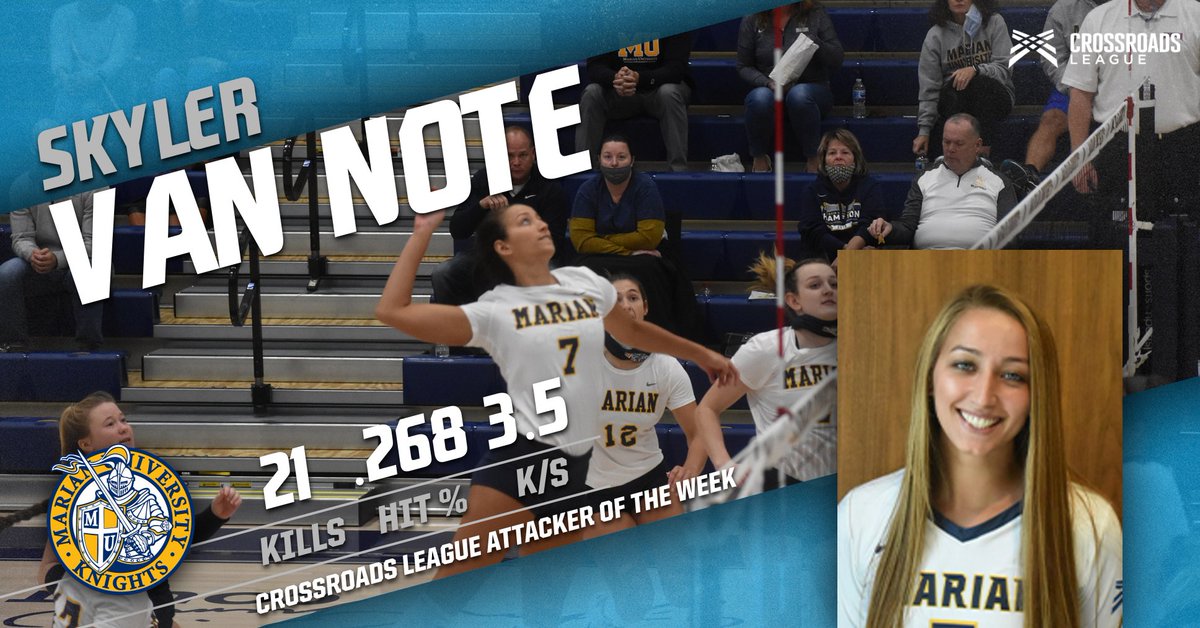 MUKnights's tweet photo. 🚨PLAYERS OF THE WEEK🚨

Congratulations to Skyler Van Note and Maggie Meyer of the @MarianVball team for being named Crossroads League Player of the Week winners! Van Note won her second Attacker of the Week honor, while Meyer won her second straight Defender of the Week! https://t.co/sqZ1PyYYhj
