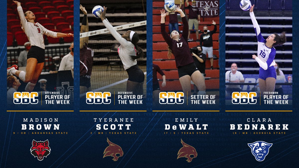 Sun Belt (@sunbelt) on Twitter photo We β€οΈ π ! Congrats to our four honorees.
sunbelt.me/3e8TWkA
<a href="/AStateVB/">Arkansas State Volleyball π</a> <a href="/TexasStateVball/">Texas State Volleyball</a> @GeorgiaStateVB
#SunBeltVB We β€οΈ π ! Congrats to our four honorees.
sunbelt.me/3e8TWkA
<a href="/AStateVB/">Arkansas State Volleyball π</a> <a href="/TexasStateVball/">Texas State Volleyball</a> @GeorgiaStateVB
#SunBeltVB