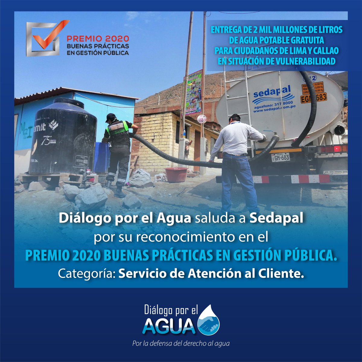 DialogoporAgua's tweet photo. #DiálogoPorElAgua expresa su saludo a Sedapal por el reconocimiento obtenido gracias al esfuerzo de sus trabajadores y trabajadoras, quienes a diario cumplen con el objetivo de mejorar la calidad de vida de las familias de Lima y Callao, evitando así la propagación del Covid-19. https://t.co/0Yq1cWVkpx