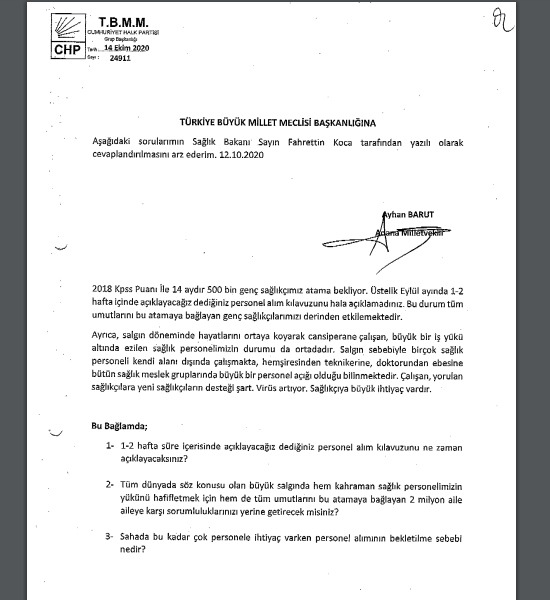 Sağlık Bakanı Fahrettin Koca, Eylül ayında '1-2 hafta içinde tamamlayacağız' dediği atamaları unuttu. Soru önergemize yanıt vermedi bile. Sağlık ordusuna katılmak için atama bekleyen insanlarımıza cevap verin! #HaniKılavuz #KılavuzNerede 
#SağlığaSözVarKılavuzYok
