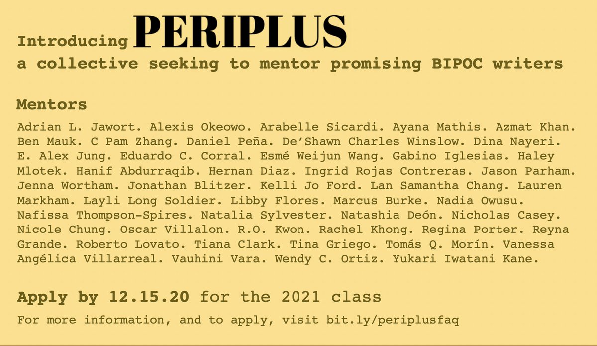 Hi. We're <a href="/PeriplusCollect/">Periplus</a>, a new collective seeking to mentor promising BIPOC writers. We're taking applications now for the inaugural class, starting in 2021. Follow us here, and help us tell everyone! bit.ly/periplusfaq