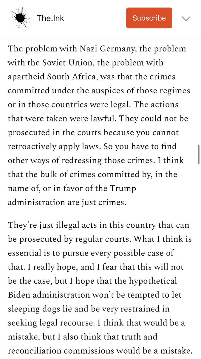 5. We don’t need truth and reconciliation commissions after Trump,  @mashagessen argues. We need good old-fashioned criminal prosecutions. https://the.ink/p/how-to-block-an-autocratic-breakthrough
