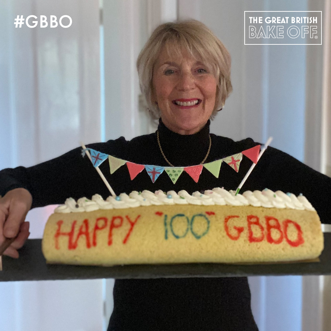 You’ve got to roll with it! The wonderful  @nancybbakes has baked a brilliant bunting-topped Giant Swiss Roll to mark our 100th episode.  #GBBO  