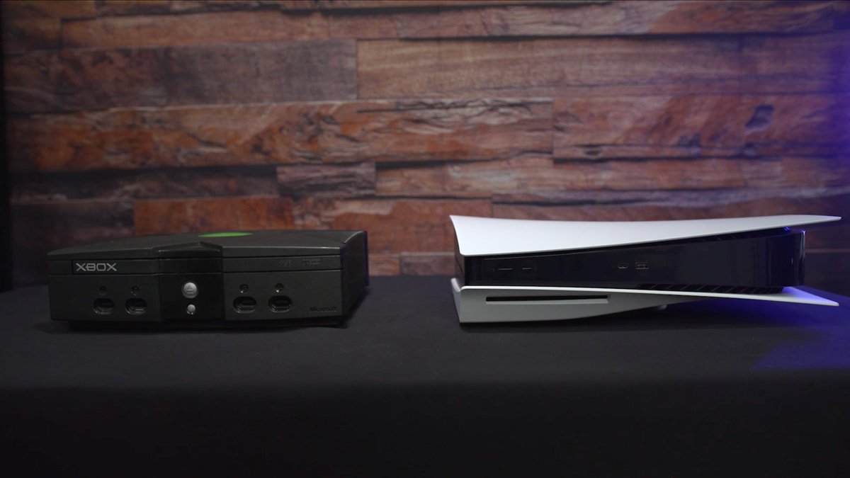 The PS5 next to the original Xbox.  https://www.ign.com/articles/ps5-heres-what-the-console-looks-like-up-close